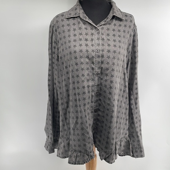 Std Grace Star Print Btn Dwn Shirt Starry Ruffle Astro Sz LG - Picture 8 of 8